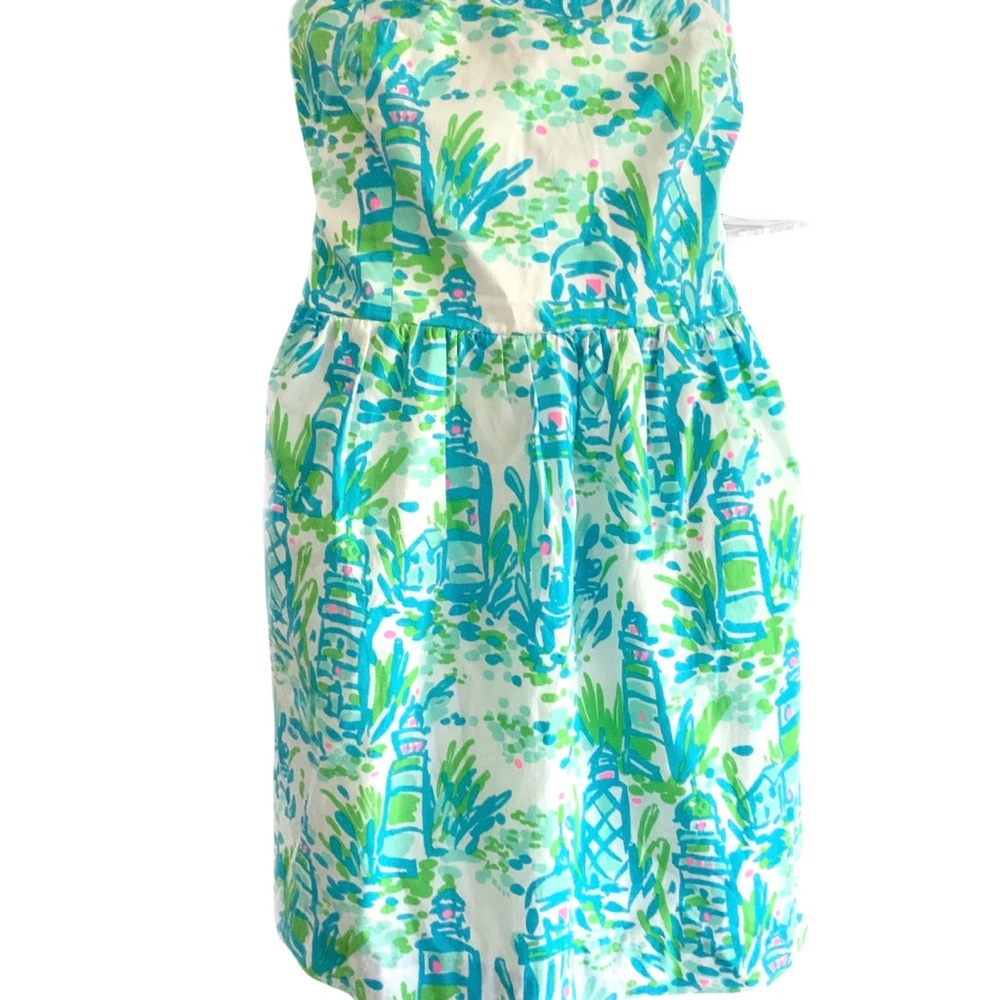 Lilly Pulitzer Women’s Dress Small Strapless Blue Green White Print Lighthouse
